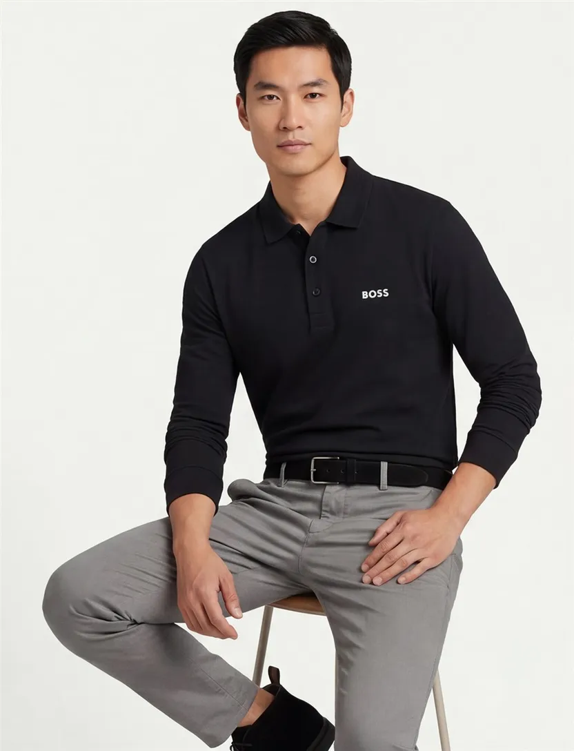 poloshirt Boss Green lange mouw zwart katoen