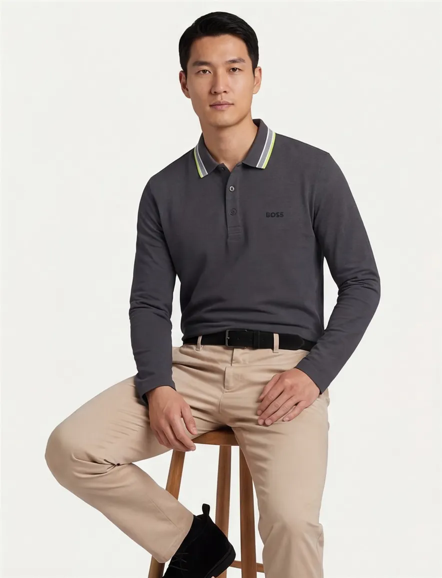 Boss Green poloshirt grijs lange mouw katoen