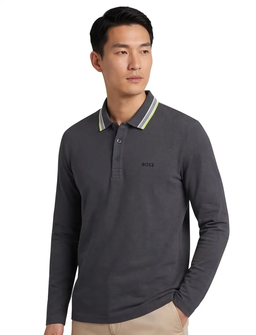 poloshirt Boss Green grijs lange mouw katoen