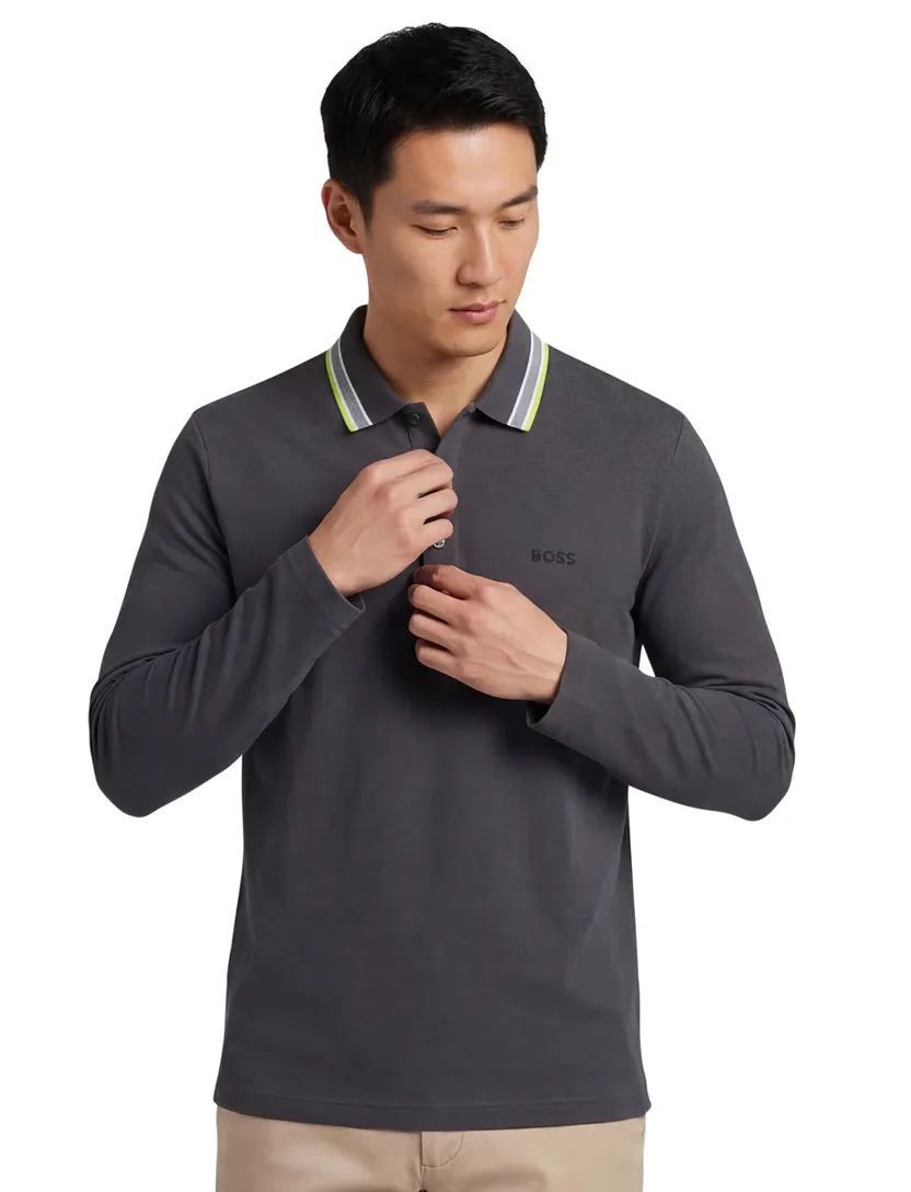 poloshirt Boss Green grijs lange mouw katoen