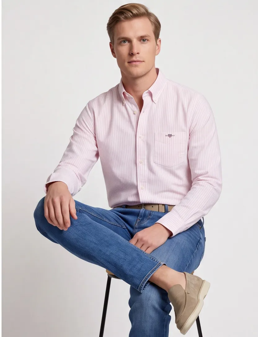 Gant overhemd licht roze gestreept met borstzak