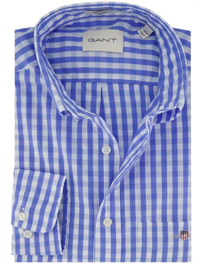 Gant Gant overhemd blauw geruit lange mouw borstzak