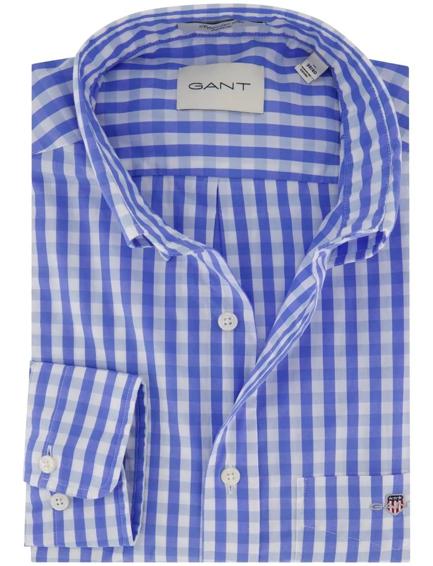 Gant overhemd blauw geruit lange mouw borstzak