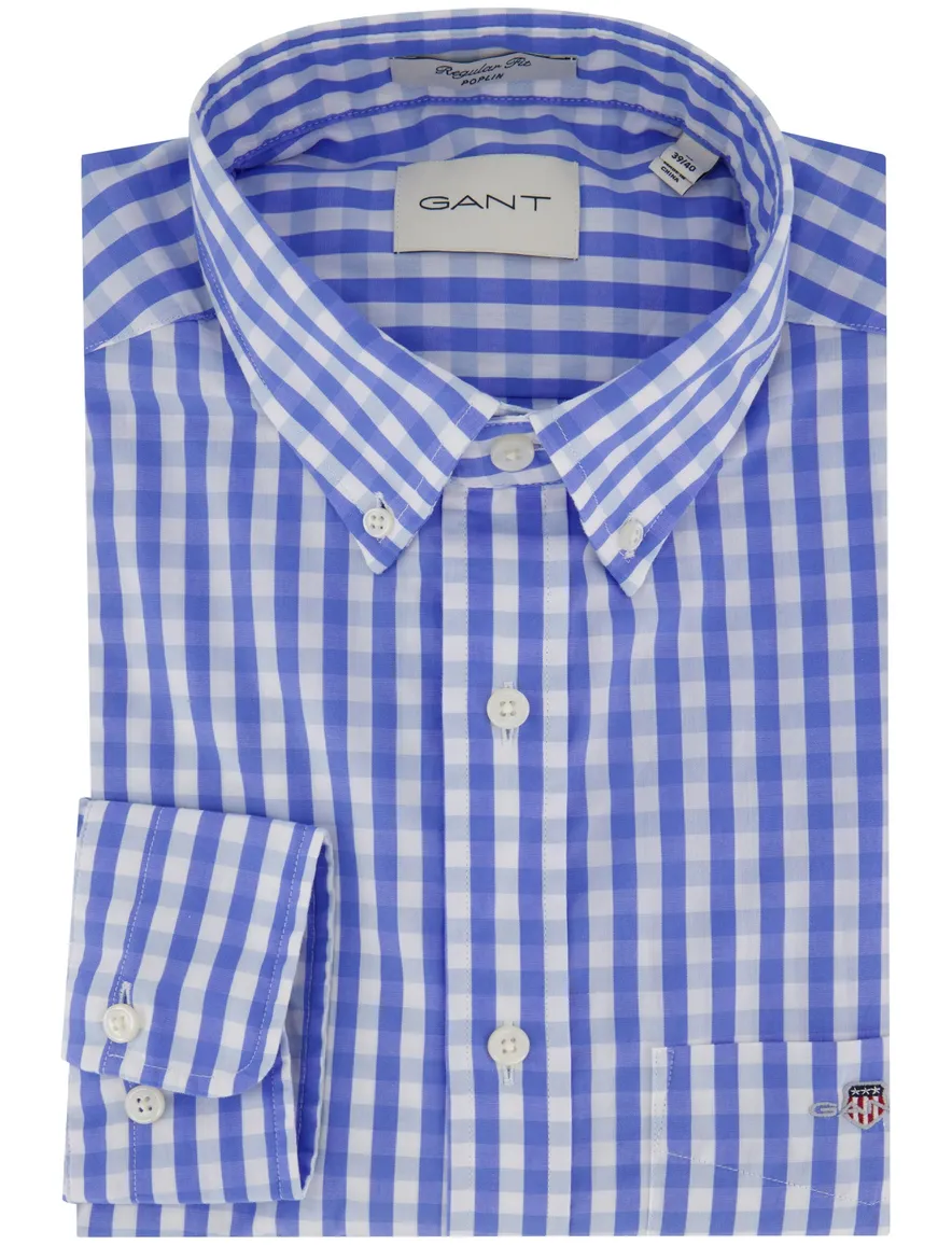 Gant overhemd blauw geruit lange mouw borstzak