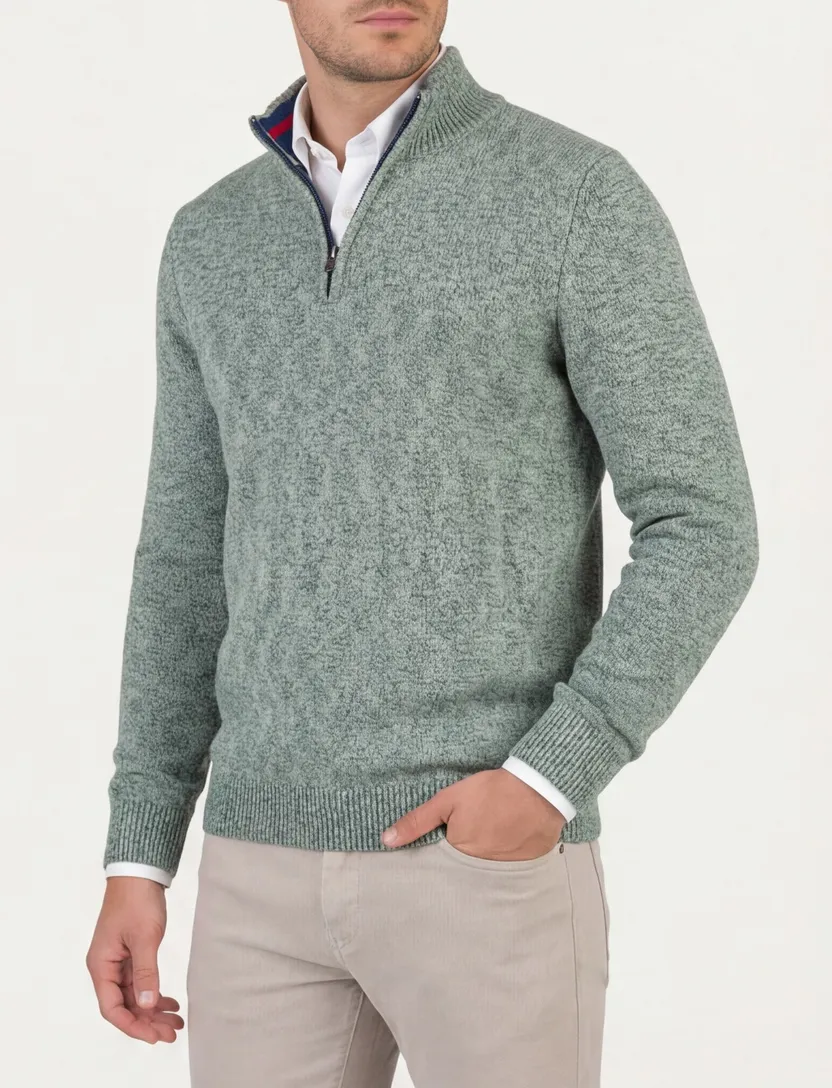katoenen NZA trui half zip groen gemêleerd gebreid