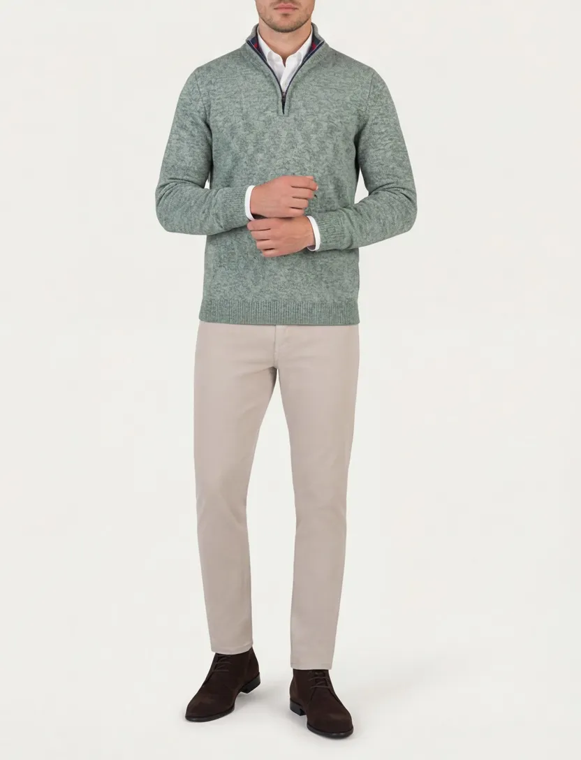 katoenen NZA trui half zip groen gemêleerd gebreid