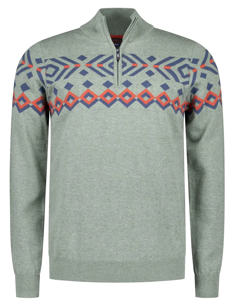 NZA trui geprint half zip groen katoen normale fit