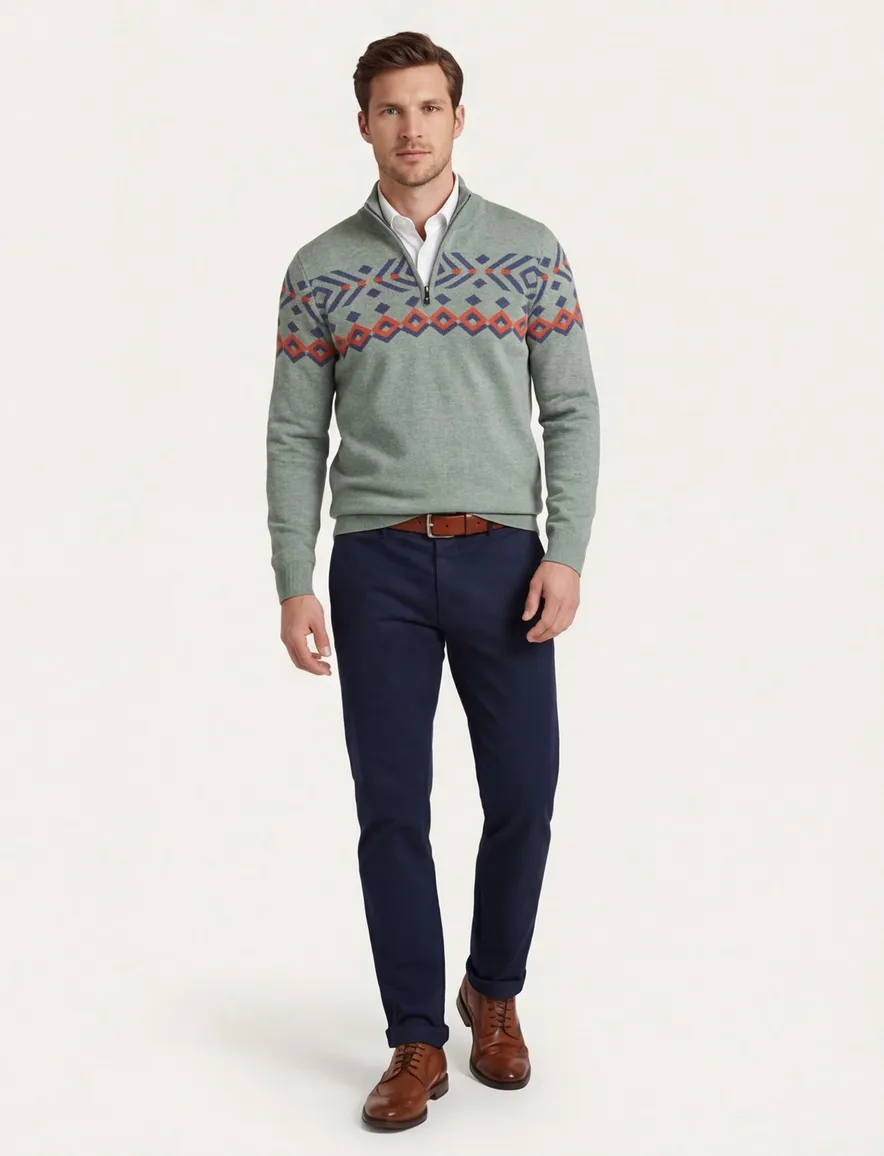 NZA trui geprint half zip groen katoen normale fit
