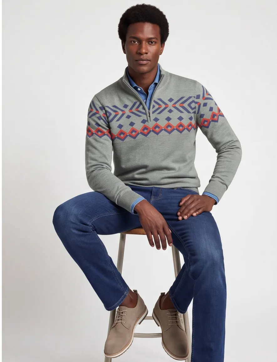 NZA trui geprint half zip groen katoen normale fit