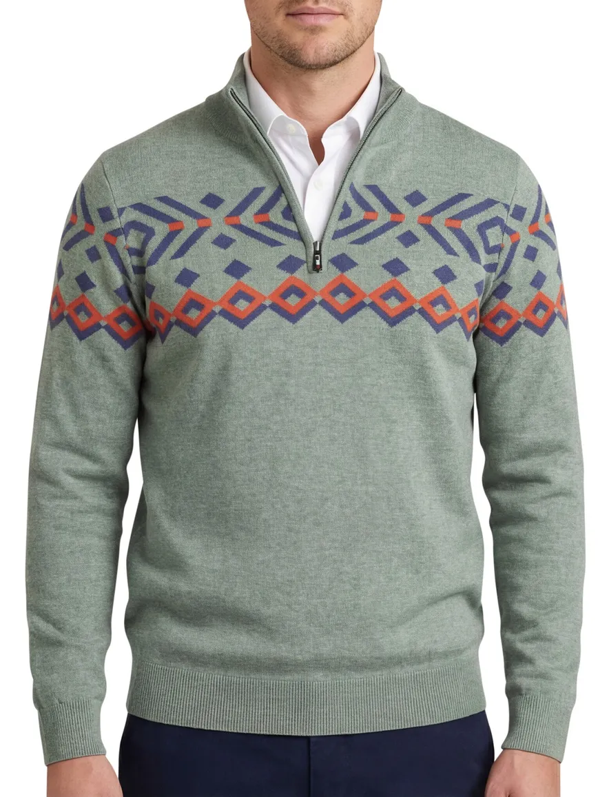 NZA trui geprint half zip groen katoen normale fit
