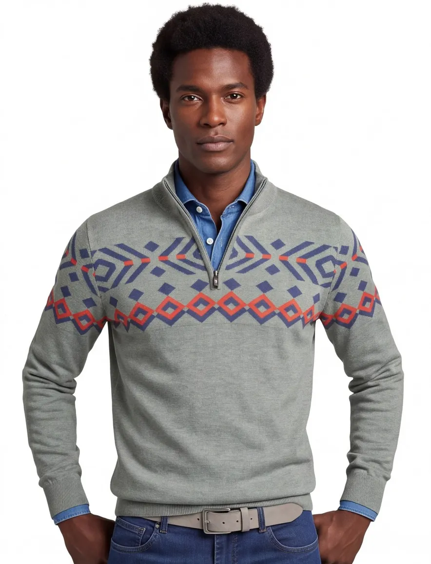 NZA trui geprint half zip groen katoen normale fit