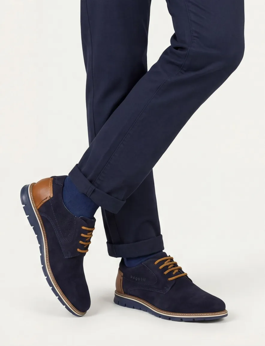 Bugatti herenschoen donkerblauw suede bruine veters