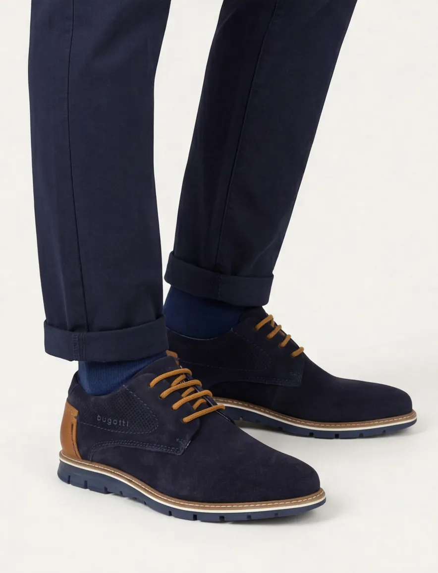 Bugatti herenschoen donkerblauw suede bruine veters
