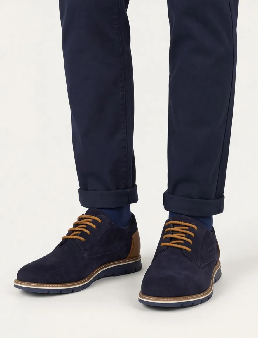 Bugatti herenschoen donkerblauw suede bruine veters