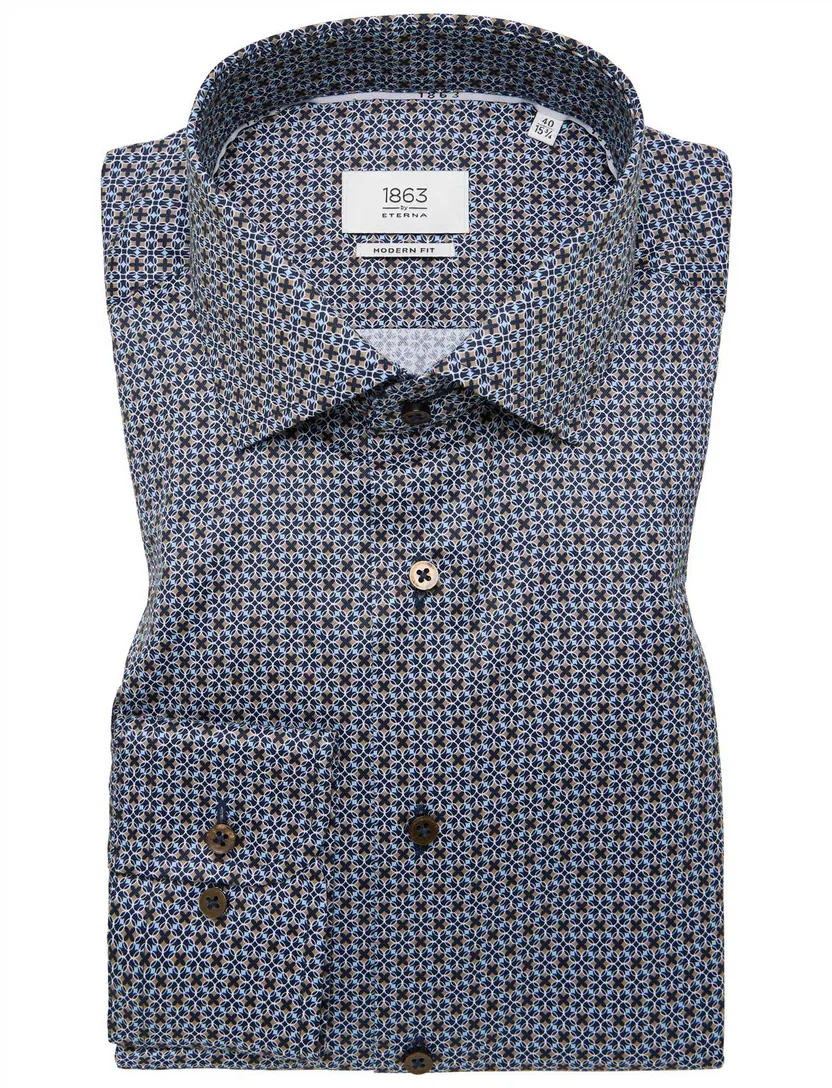 Eterna overhemd normale fit geprint blauw katoen