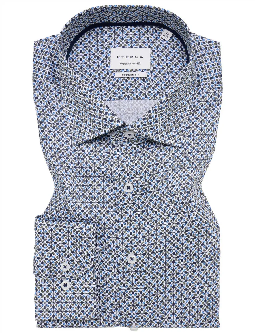 Eterna overhemd geprint blauw katoen normale fit