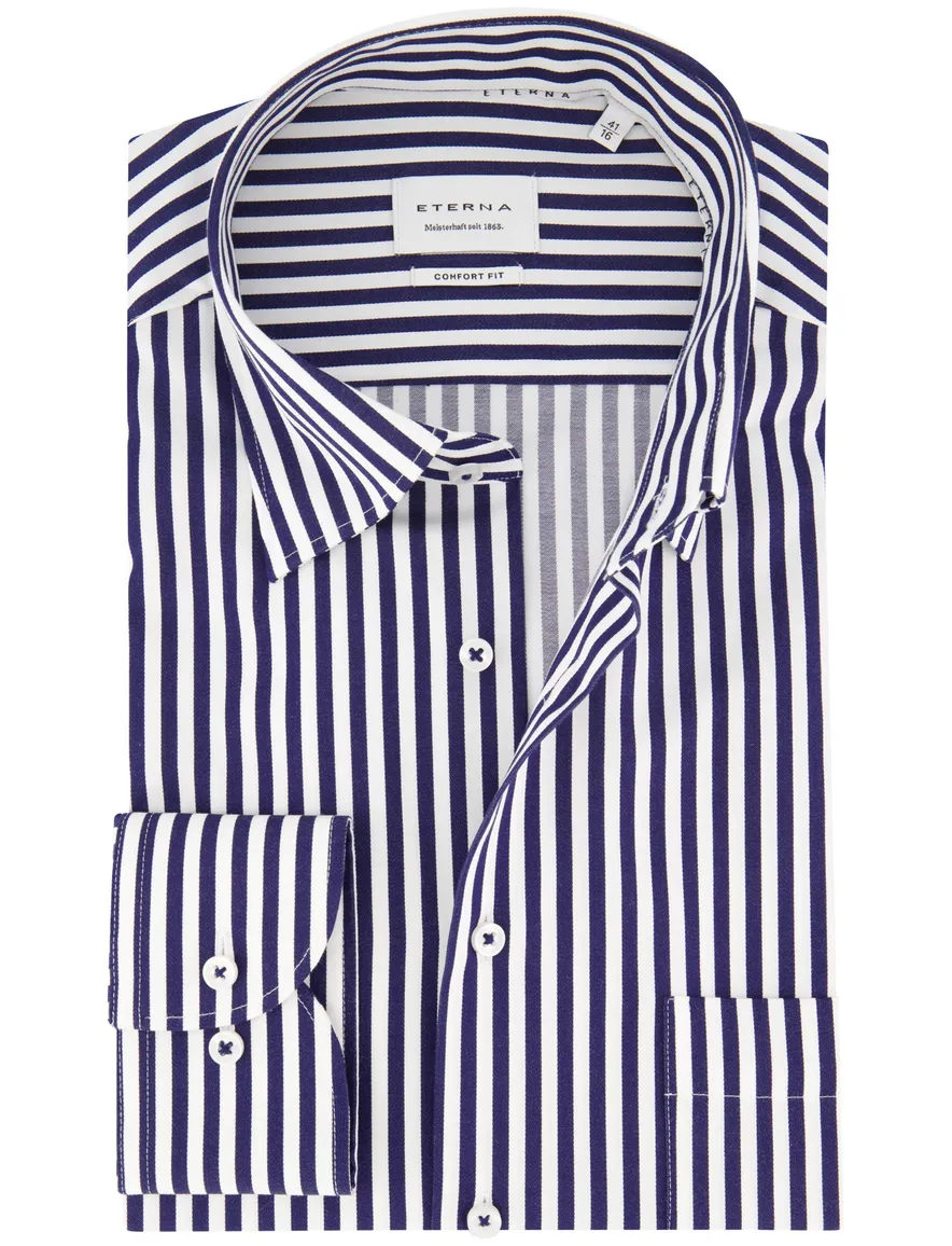 Eterna overhemd wit donkerblauw comfort fit gestreept wijde fit