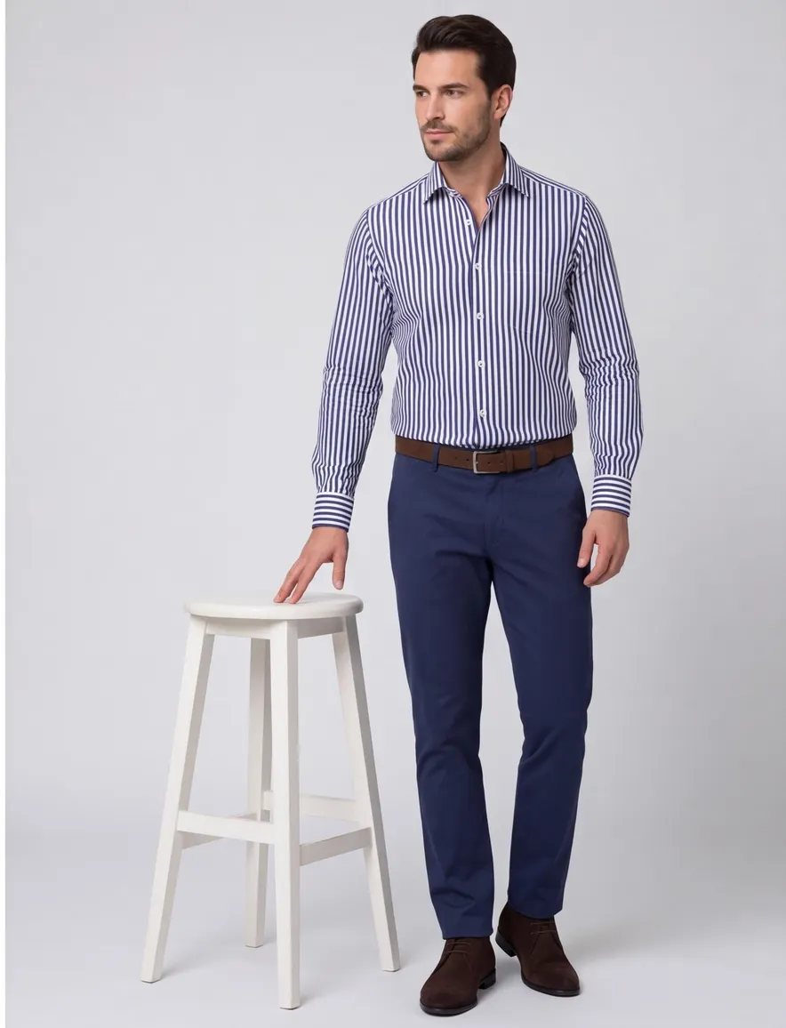 Eterna overhemd wit donkerblauw comfort fit gestreept wijde fit