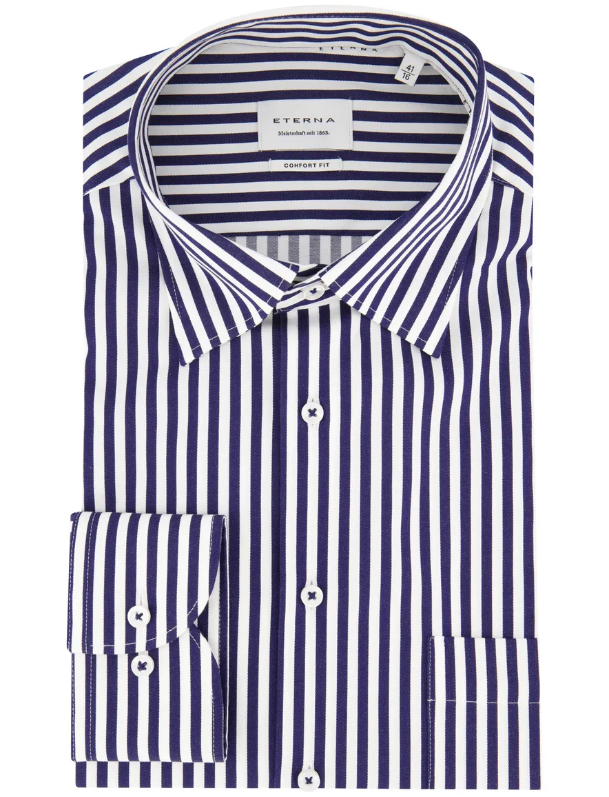 Eterna overhemd wit donkerblauw comfort fit gestreept wijde fit