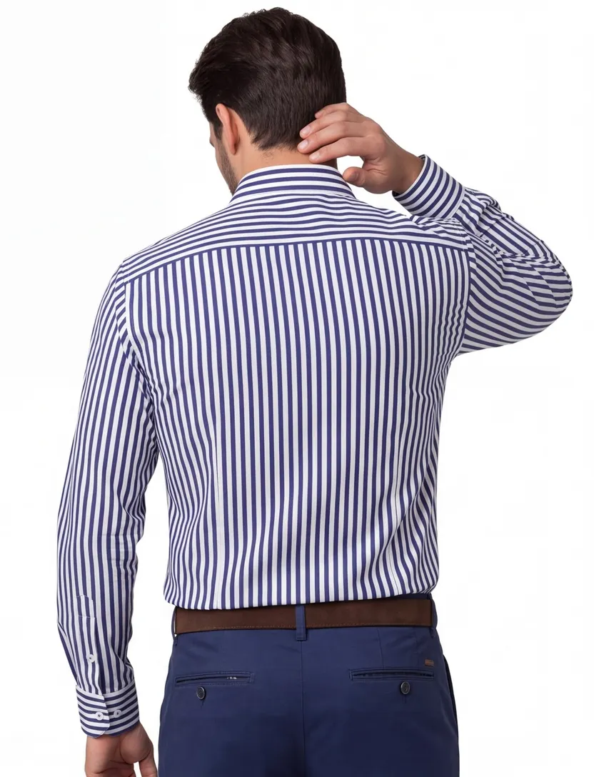 katoenen Eterna overhemd donkerblauw wijde fit gestreept