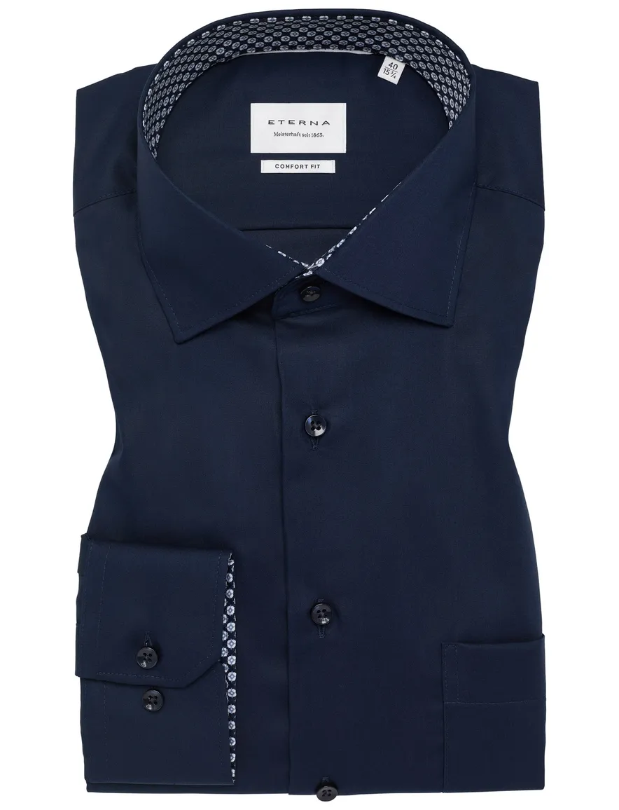 Eterna overhemd mouwlengte 7 donkerblauw effen katoen