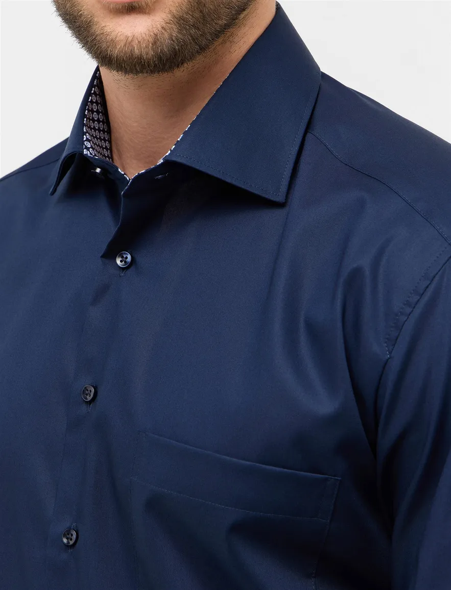 Eterna overhemd mouwlengte 7 donkerblauw effen katoen