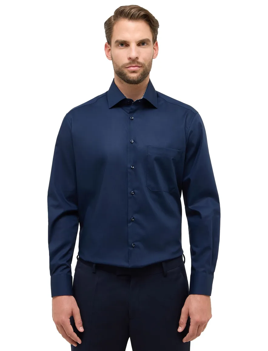 Eterna overhemd mouwlengte 7 donkerblauw effen katoen