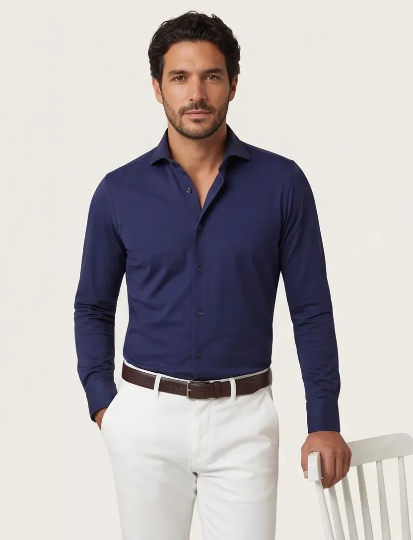 Xacus overhemd donkerblauw tailored fit effen polyamide
