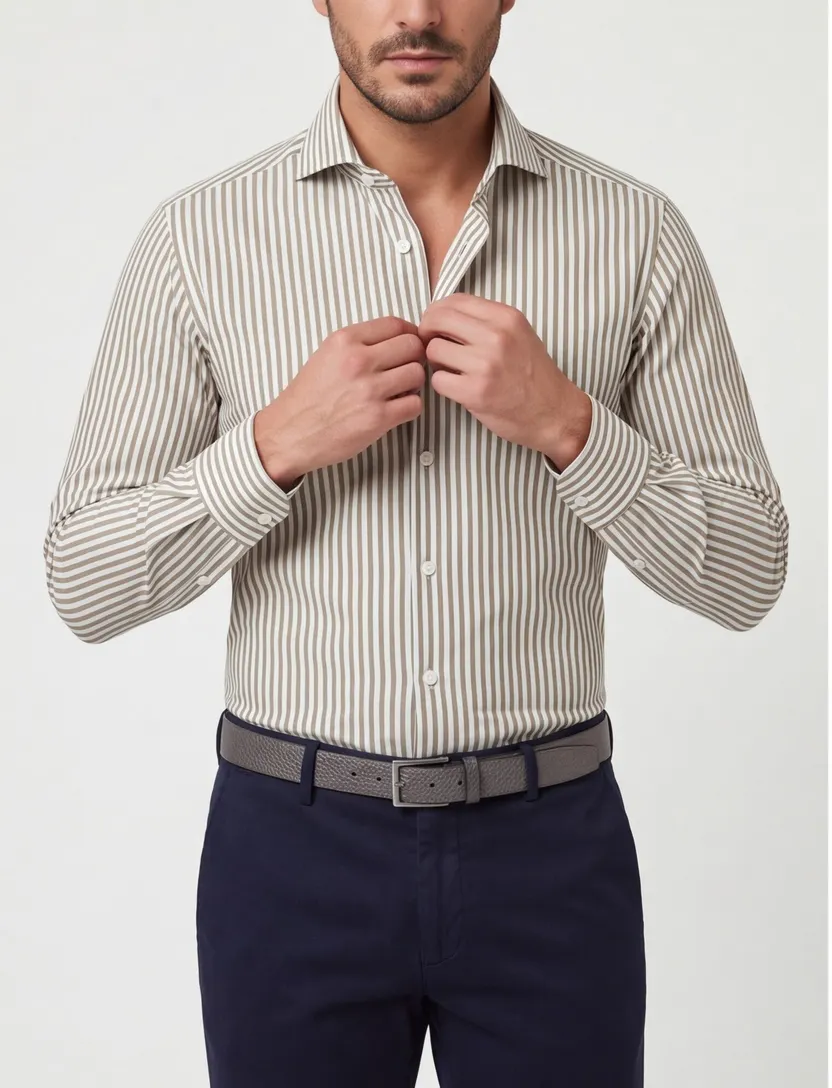 Xacus tailored fit overhemd bruin gestreept polyamide