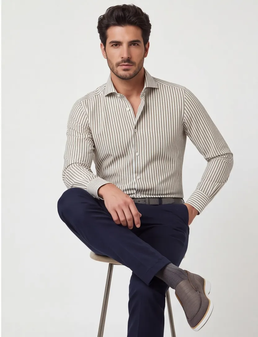 Xacus tailored fit overhemd bruin gestreept polyamide