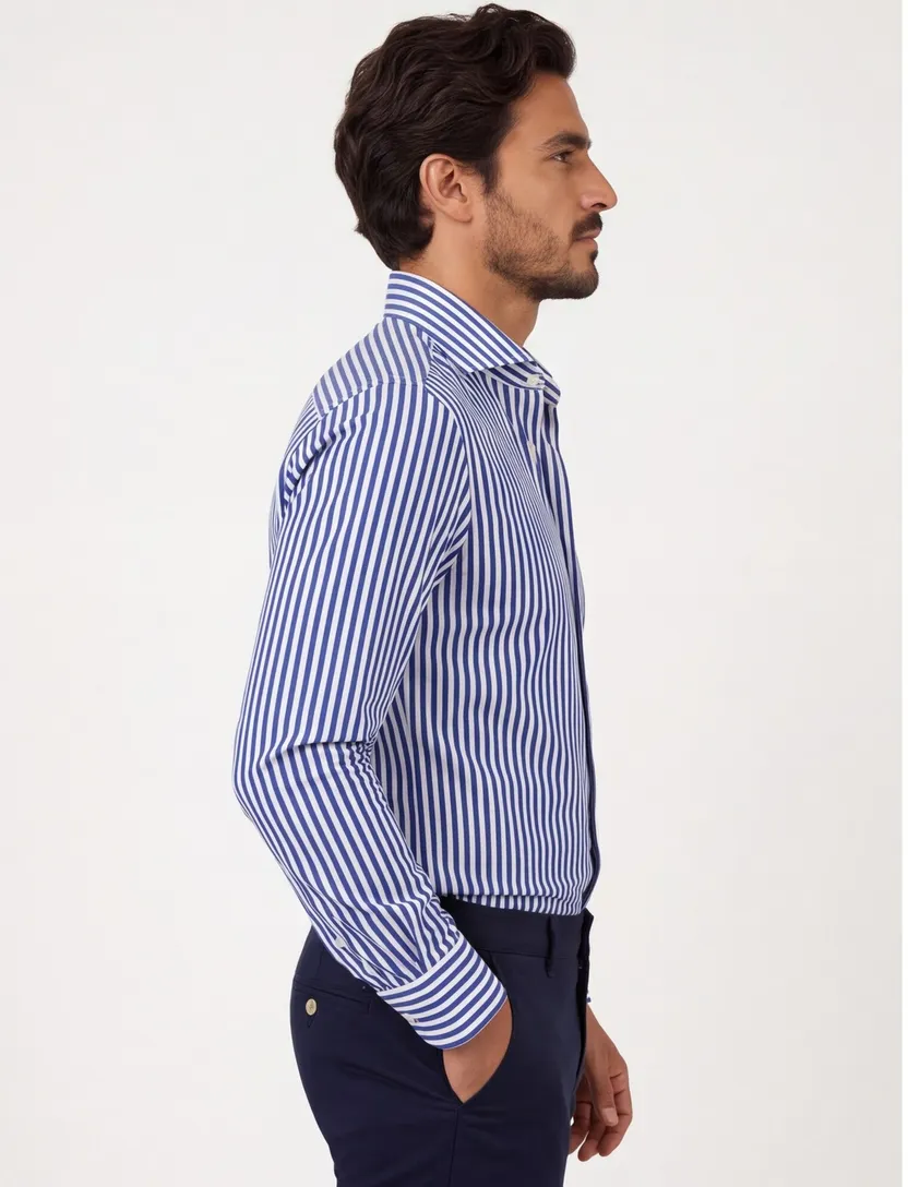 Xacus overhemd blauw gestreept tailored fit cutaway boord