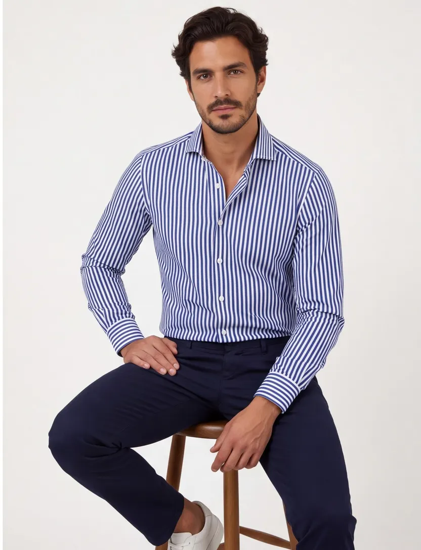 Xacus overhemd blauw gestreept tailored fit cutaway boord