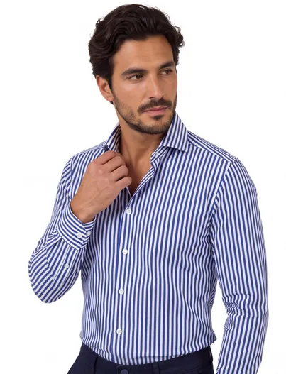 Xacus Xacus overhemd blauw gestreept tailored fit cutaway boord