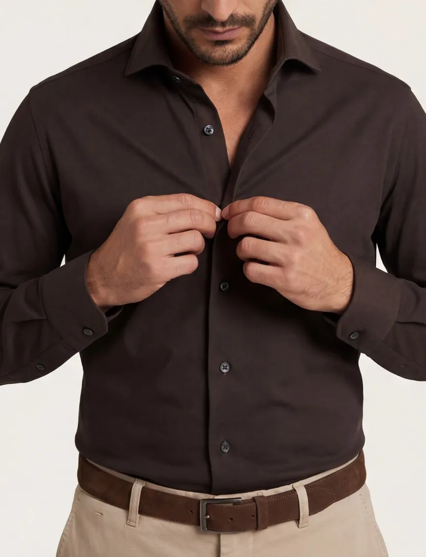 Xacus tailored fit overhemd donkerbruin Active Shirt polyamide