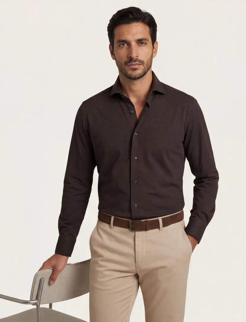 Xacus tailored fit overhemd donkerbruin Active Shirt polyamide