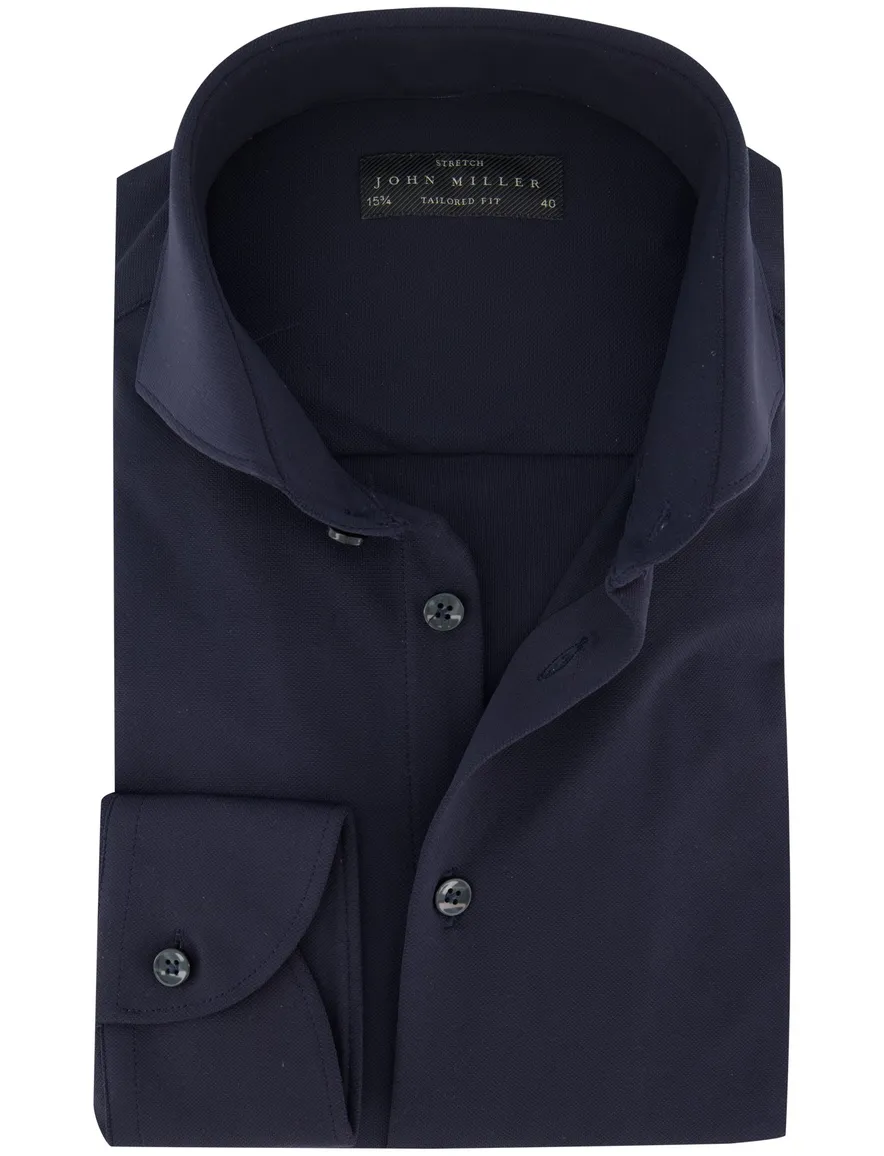 John Miller tailored fit knitted overhemd donkerblauw
