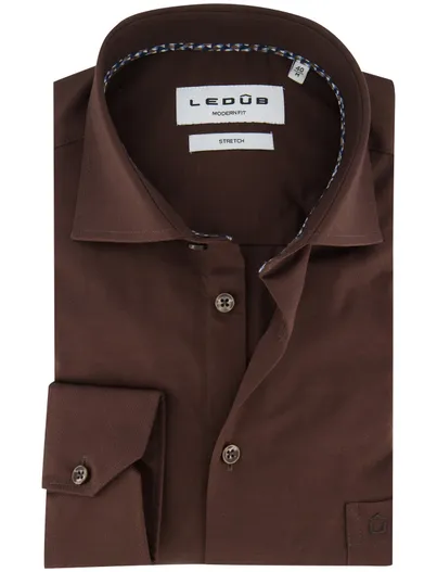 Ledub Ledub modern fit overhemd bruin katoen