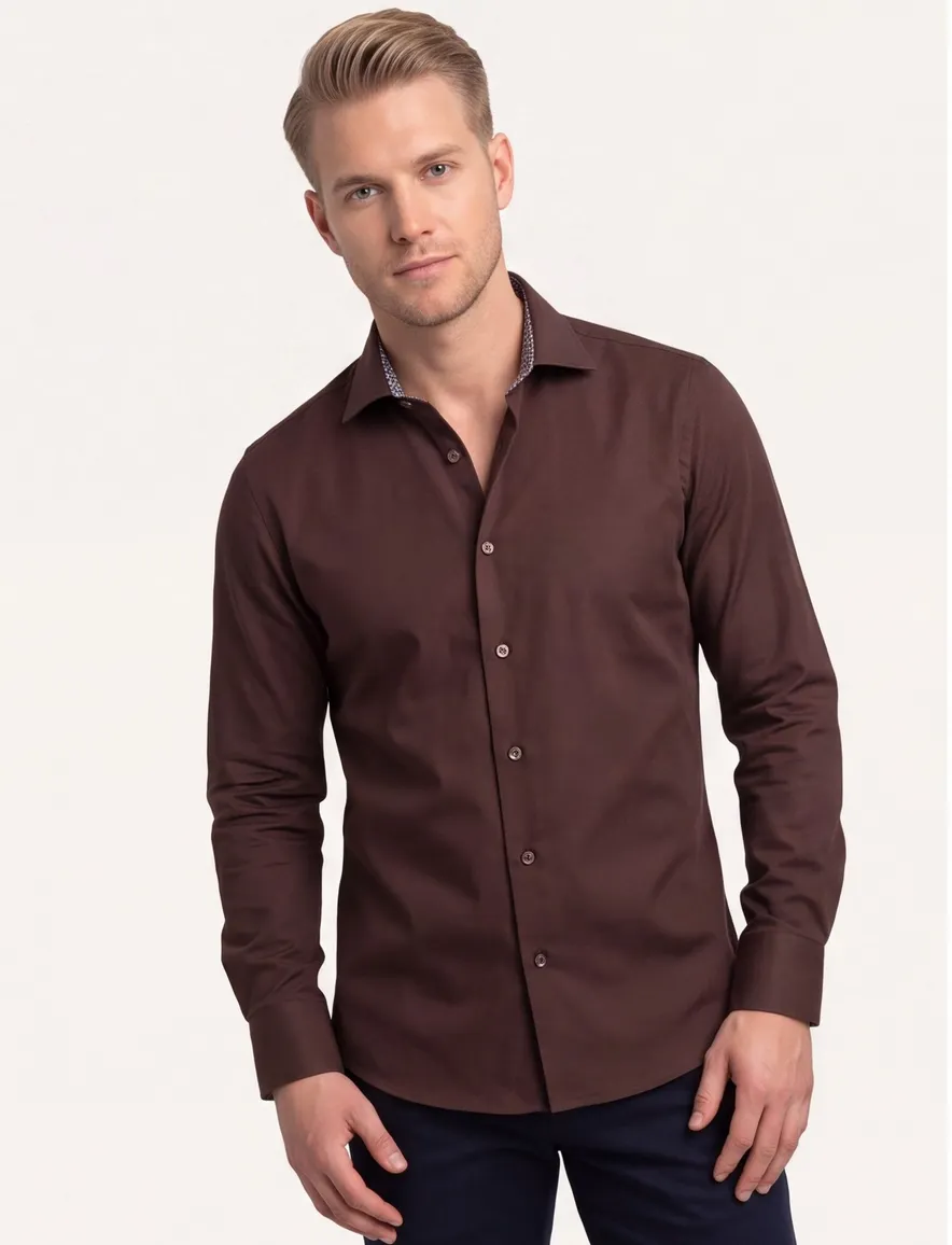 Ledub modern fit overhemd bruin katoen