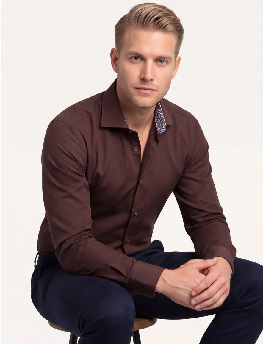 Ledub modern fit overhemd bruin katoen