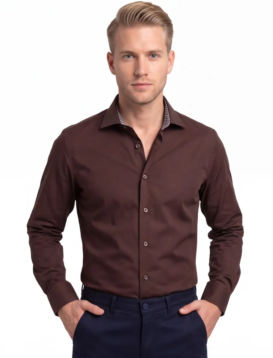 Ledub modern fit overhemd bruin katoen