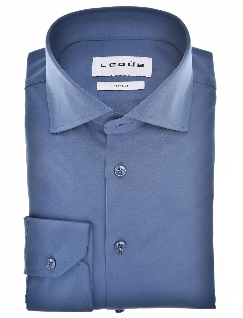 Ledub overhemd blauw stretch effen