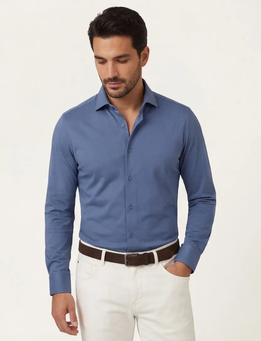 Ledub overhemd blauw stretch effen