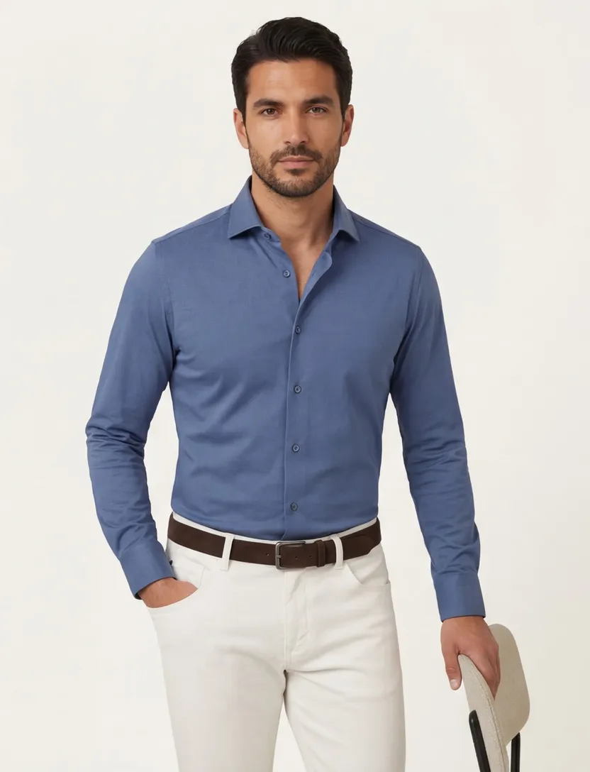 Ledub overhemd blauw stretch effen