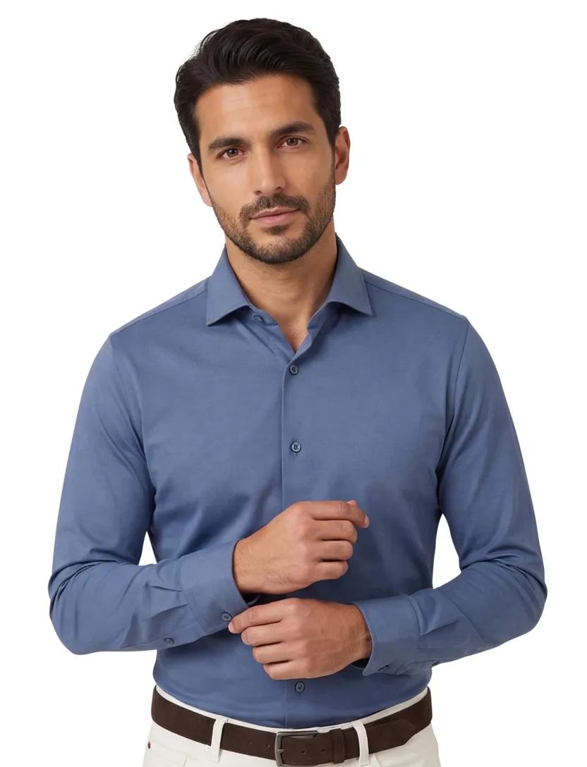 Ledub overhemd blauw stretch effen