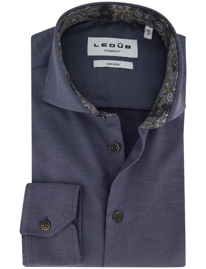 Ledub Ledub overhemd strijkvrij effen donkerblauw normale fit