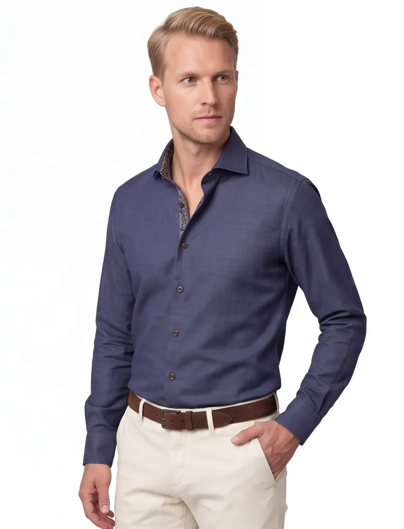 Ledub overhemd strijkvrij effen donkerblauw normale fit