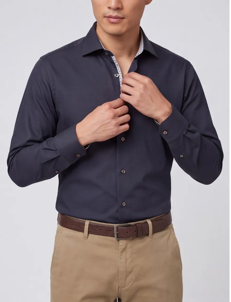 Overhemd Ledub Modern Fit donkerblauw strijkvrij katoen
