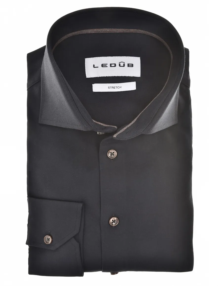 Ledub overhemd zwart effen katoen wide collar