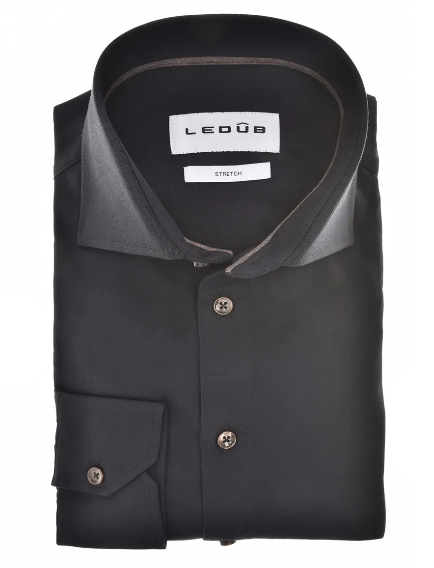 Ledub overhemd zwart effen katoen wide collar