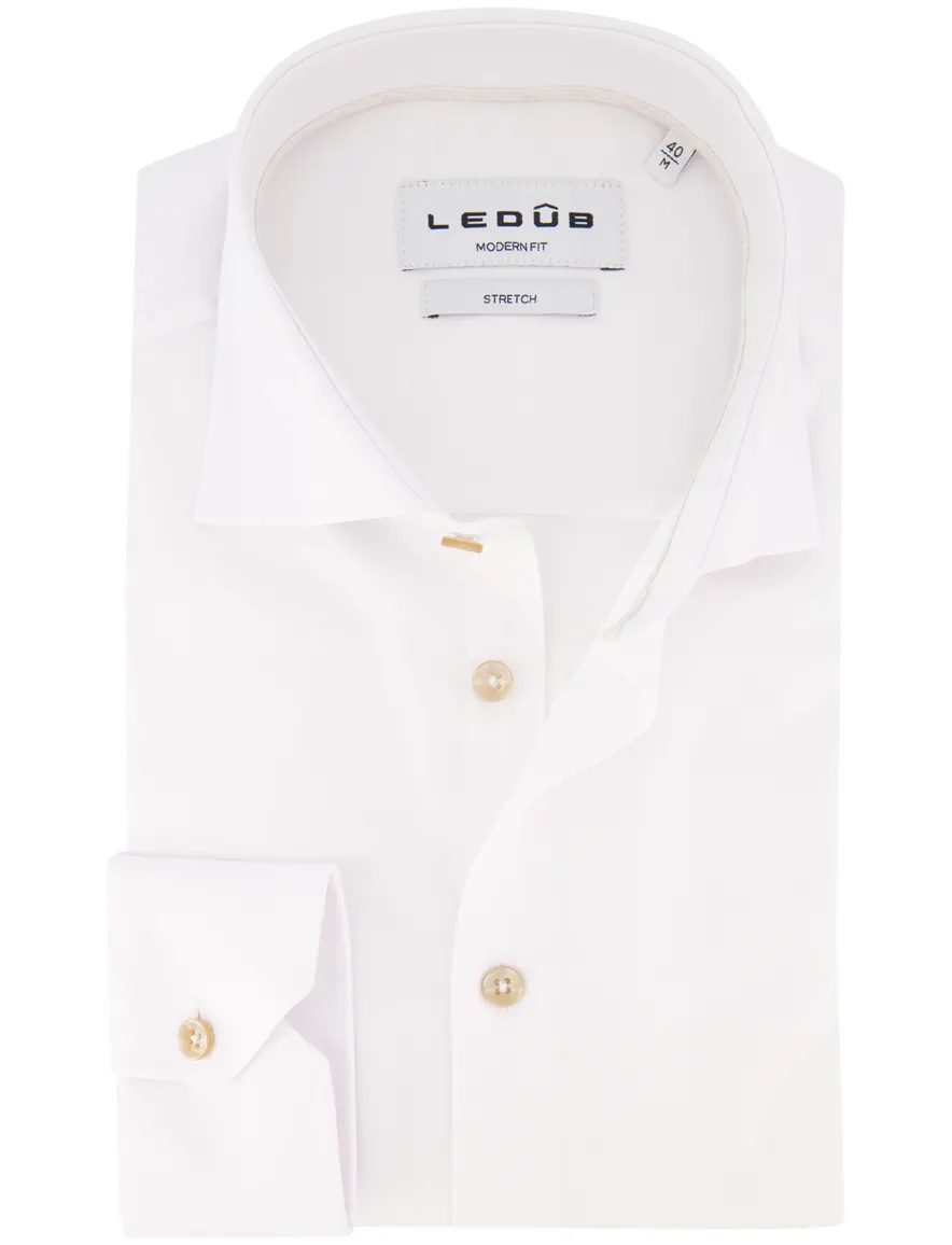 Ledub modern fit stretch overhemd wit wide spread boord